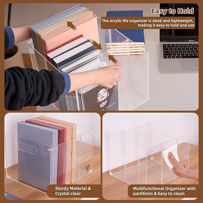 DF 3-Section Acrylic File Organizer with Handles – Clear File box for Documents, Books & Office Supplies – Desktop Hanging File Organizer - Compact and Durable Design for Home or Office Use