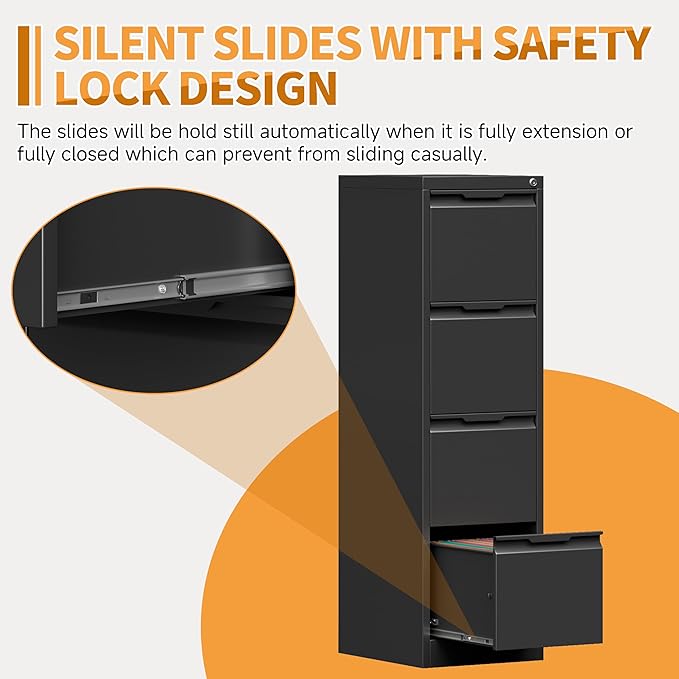 4-Drawer Metal File Cabinet with Lock,Steel Printer Stand with Storage for Home Office,Vertical Filing Cabinet for Legal/Letter/A4 Files,Assembly Required(15''W-4 Drawers,Black)