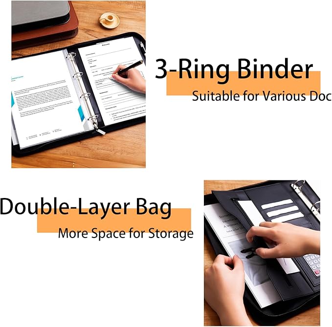 3-Ring Portfolio Binder, Zipper Folder with Writing Pad,PU Leather with Pockets,Professional Organizer with Laptop Sleeve and Folder (Black)