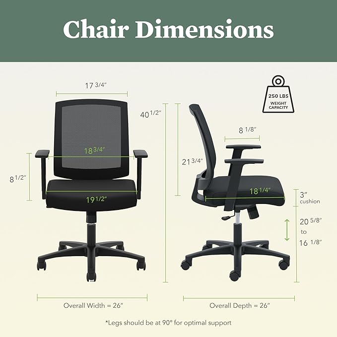 HON Torch Ergonomic Mid-Back Office Chair, Comfortable Fabric Seat Home Office Task Chair, Tilt-Tension Recline Control, 360 Rolling Swivel, Sculpted Fixed Arms