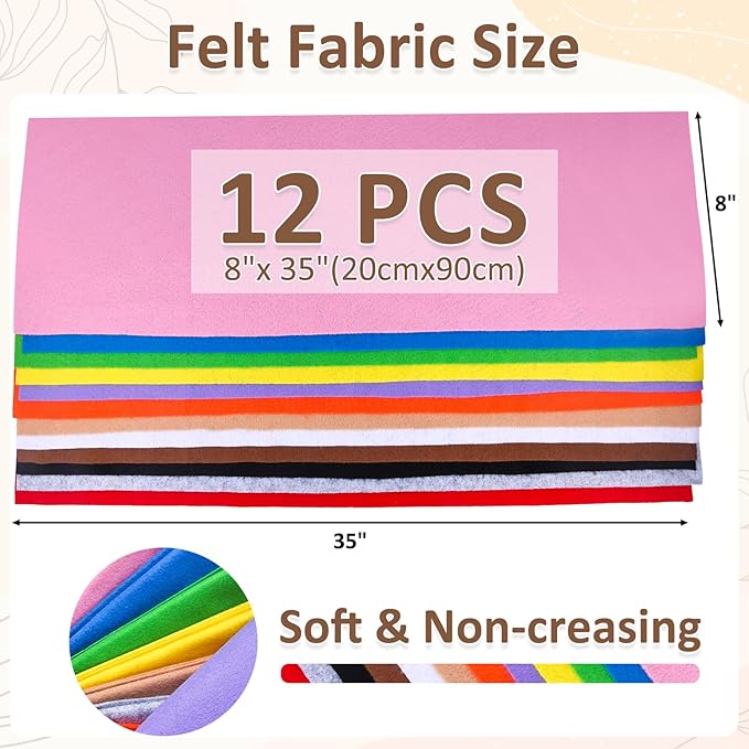 XSEINO 12 Rolls 8"x35"(20.5x90cm) 1.4mm Thick Soft Felt Fabric Sheet 12 Assorted Colors Felt Pack for DIY Craft Sewing Squares Nonwoven Patchwork