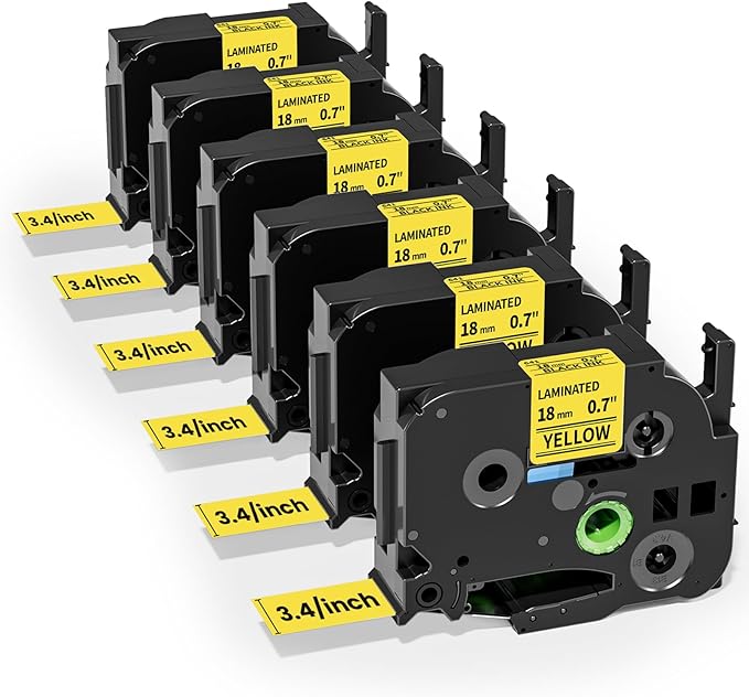 Colorty 18mm Black on Yellow Tape Replace for Brother TZe-641 P-Touch Label Tape 18 mm 0.7 Laminated TZe641 for Ptouch PTD400 PTD410 PT-E300 PT-E560BTVP Edge Label Maker Refills 3/4 Inch, 6 Pack