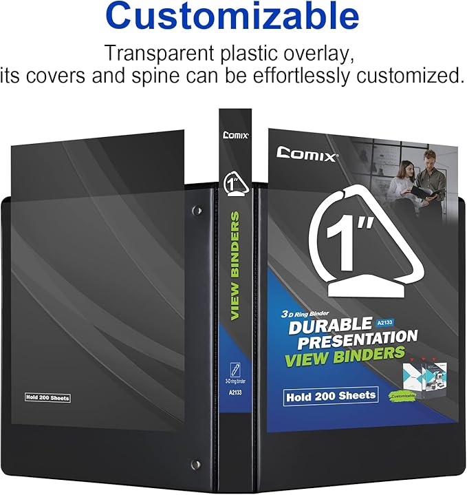 Comix Sturdy 3-Ring-Binder 1-inch D Ring Binders Hold 225 Sheets of 8.5" x 11" Paper, 8 Pack (Black)