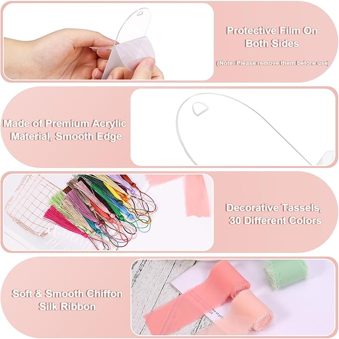 100 Pieces Acrylic Bookmark Blanks, Clear Acrylic Bookmarks with 30 Pieces Tassels and 4 Rolls Chiffon Silk Ribbon, Transparent DIY Bookmarks for Book Lover Crafts Present Tag Reading Accessories
