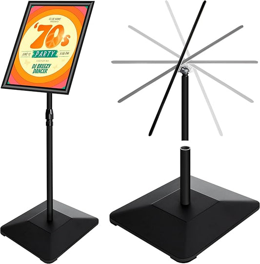 11"x17" Pedestal Poster Sign Holder Stand with Heavy Duty Solid Steel Base, Adjustable Floor Standing Sign Holder for Vertical and Horizontal View Sign Super Stable Displayed Stands, Black