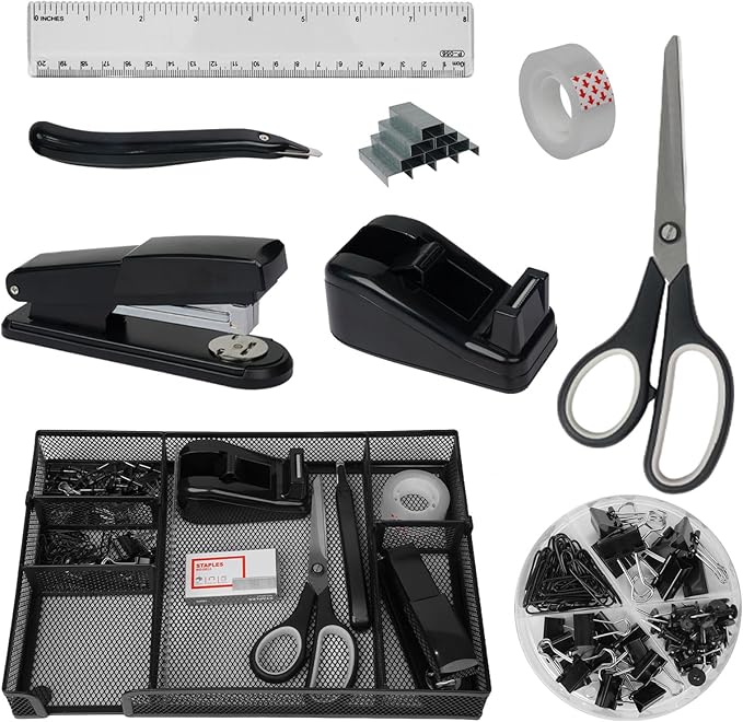 Office Desk Accessories, Desk Organizers and Accessories, Stapler and Tape Dispenser Set Metal Storage Box,Stapler,Staple Remover,Paper Clips,Ruler,Scissors.Suitable for Office and Study Use,Black