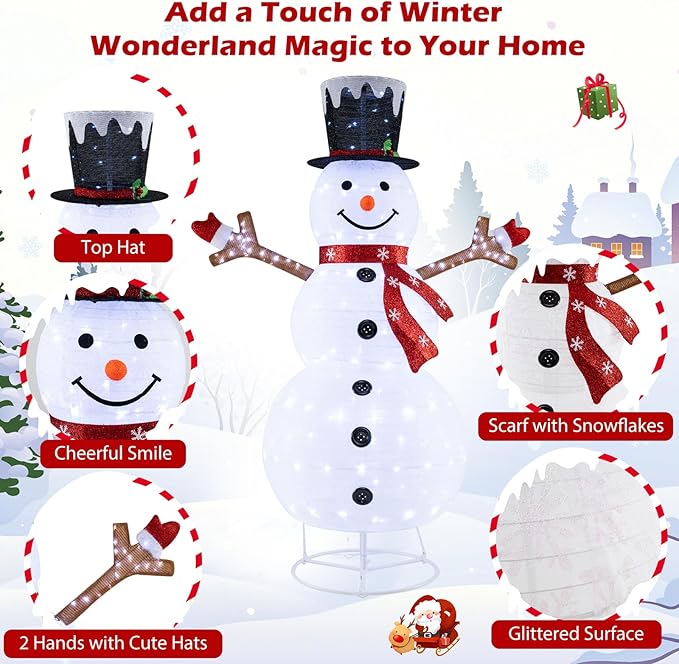 Tangkula 6 FT Lighted Pop-Up Christmas Snowman, Indoor Outdoor Christmas Decoration with 180 Pre-Lit LED Lights, Collapsible Snowman with Hat & Scarf for Home, Yard, Garden, Xmas Holiday Decoration