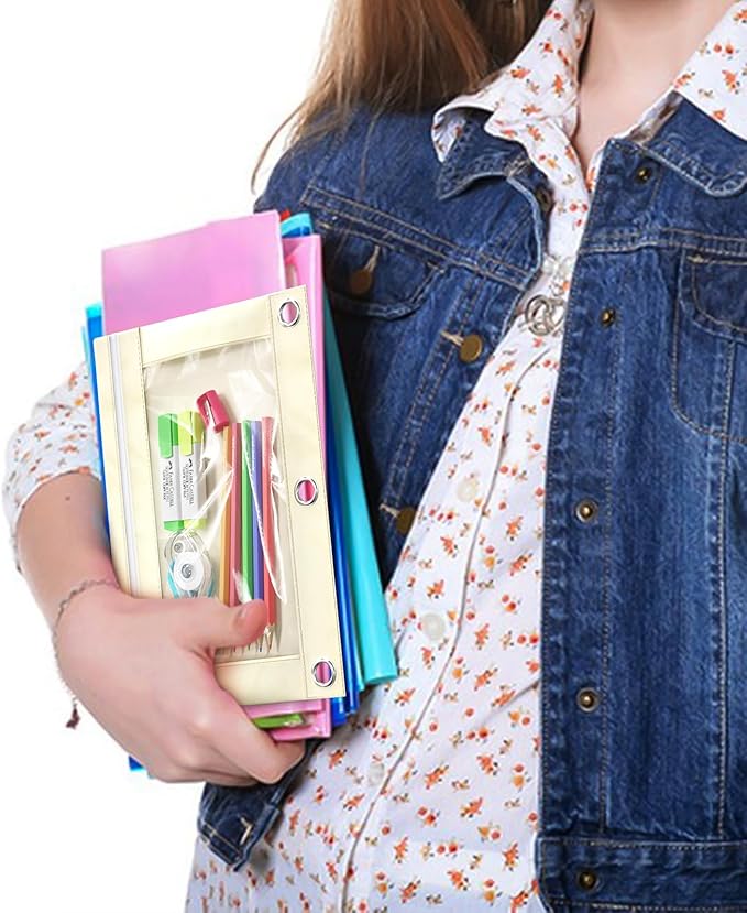 DoDoMagxanadu Binder Pencil Pouches, Pencil Pouch for 3 Ring Binder with Zipper Pulls, Clear Window Pencil Case for Binder, Zipper Pencil Pouches with Rivet Enforced 3 Ring, 20 Pack, 10 Color