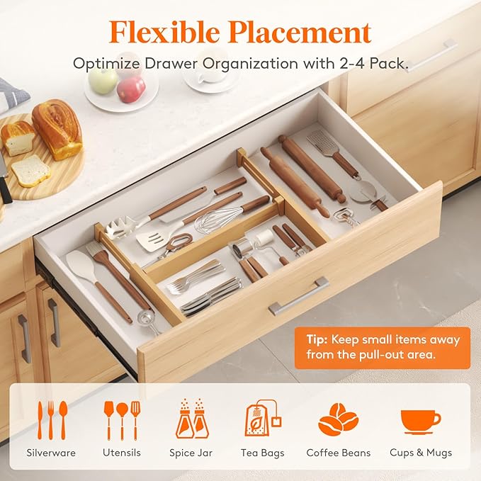 Lifewit 4 Pack Drawer Dividers Bamboo 2.4" High, 12-17" Adjustable Drawer Organizers for Clothes, Wooden Dresser Separators in Bedroom/Bathroom/Kitchen/Fridge/Office Organization and Storage