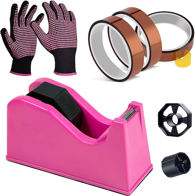 Heat Tape Dispenser Set, Sublimation Tape Dispenser 2 Pcs Heat Resistant Gloves with Silicone Bumps 3 Pcs Heat Tape for Sublimation Nonskid Base Weighted Desktop for Office Home (Rosy)