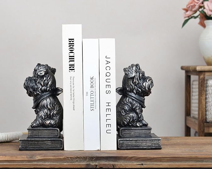 Vintage Antique Dog Bookends,Decorative Book Ends for Shelves,Creative Resin Schnauzer Statues Book Holders for Desk Home Office Bookshelf Decoration,Gifts for Dog Enthusiasts