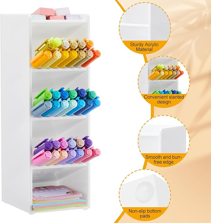 Acrylic Pen Organizer Storage for 50 Markers Vertical Marker Organizer Acrylic Pen Display Holder for Office Desk Desktop Stationery Pencil Storage, White, 3.4 x 4 x 10.2 Inch
