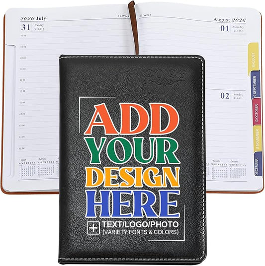 Custom Personalized 2026 A5 Planner - Customizable with Logo/Photo/Text | Soft PU Leather Cover, Monthly/Daily/Academic Weekly Pages & Calendar for School, Black