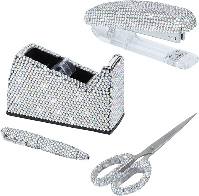 Office Stationery Set,Desk Accessory Kit, Home Office Necessary- Stapler & Desktop Tape Dispenser & Ballpoint Pens & Scissor 4 Piece Office Desk Accessories Kits(White&AB)