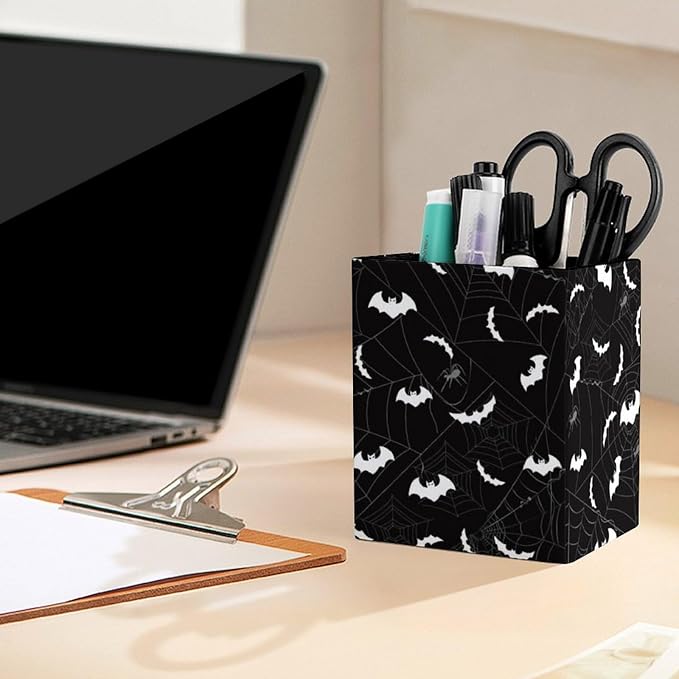 Square Pen Holder & Pencil Organizer for Desk - Office Storage Organizer, Markers/Makeup Brushes/Scissors Holder, Compact Desk Decor Accessories for Home Classroom School(Bat)