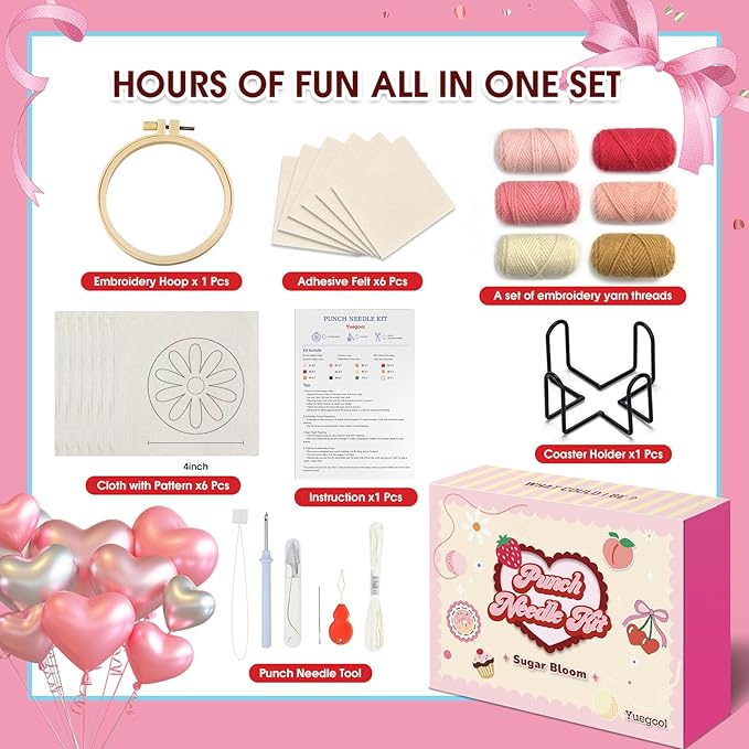 yuegool 6PCS Punch Needle Coaster Kit,Easy DIY Embroidery Set for Beginners, Kids & Adults with Patterns, Tools, Yarns, Hoop, Instructions & Coaster Holder