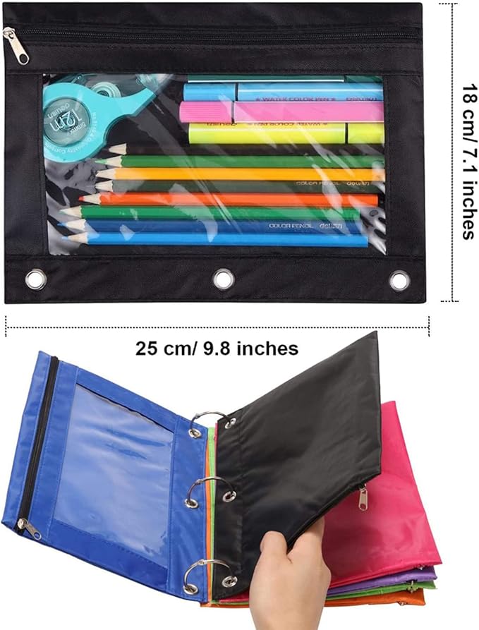 Pencil Pouch 3 Ring, Zipper Pencil Pouches Case Binder Cosmetic Bag Black 2 Pack