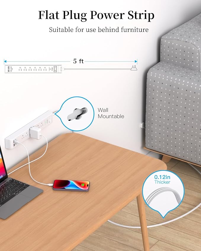 Flat Plug Power Strip, 5FT Ultra Thin Extension Cord with Multiple Outlets, 6 Outlets & 4 USB Ports (2 USB C), Surge Protector, Desk Charging Station for Home Office, College Dorm Room Essentials