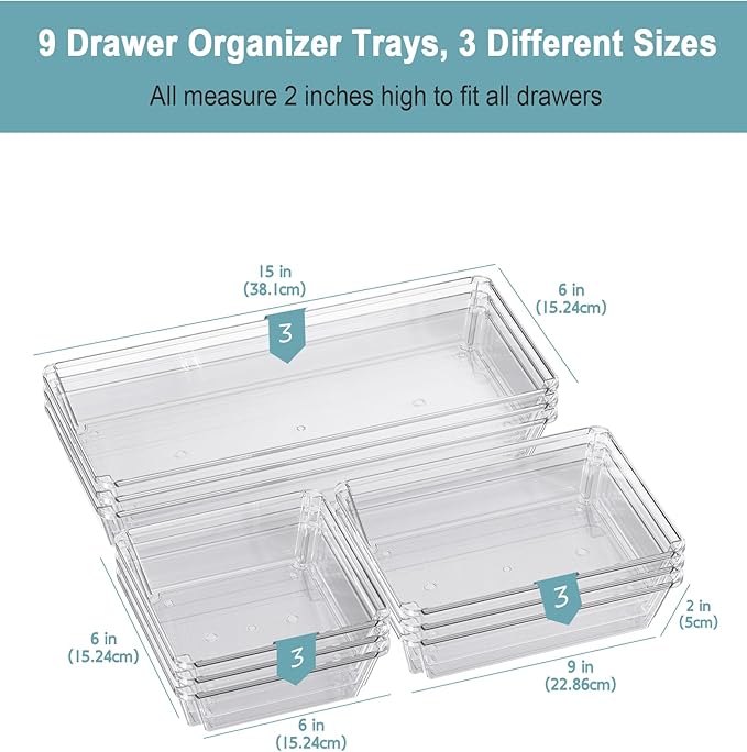 9 Pack Large Clear Plastic Drawer Organizer Trays, Desk Drawer Organizers and Storage Dividers, Non-Slip Storage Bins for Jewelry, Snacks, Office, Bathroom, Bedroom and Kitchen