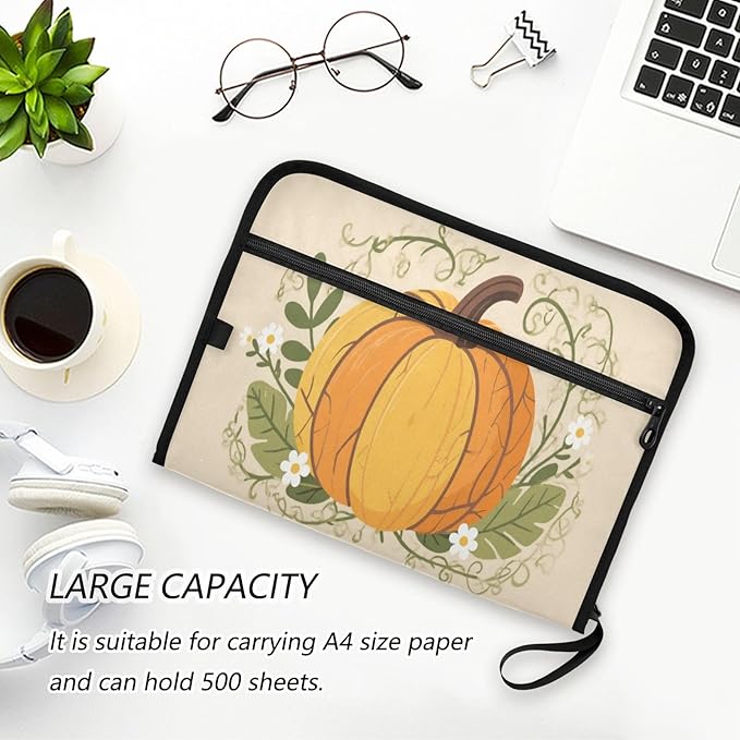 Orange Pumpkin and Leave Expanding File Organizer with 13 Pockets Accordion File Folders with Labels,Portable Document Paper Bill Receipt Organizer,Home College School Office Supplies, Letter S