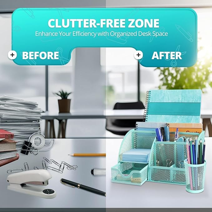 Flexzion Desk Caddy Organizer Set (Green) - Metal Mesh Desktop Caddy with Drawers, 6 Compartments, and Pencil Holder for Women & Men - Desktop Organizer and Storage for Work or Office Supplies