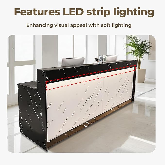 Modern Reception Desk Front Desk with LED Strip Lighting, Lockable Drawers, and Versatile Storage for Office, Checkout (White + Black Maple/Storage Type, 70.87" L*23.62" W*39.37" H)