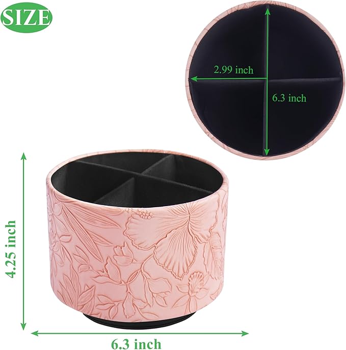 Hennaja Round Leather Art Supply Organizer,Remote Control Holder,360 Degree Spinning,Multi-Functional Pencil Holder,4 Compartments Desktop Stationary Organizer(1-Carved Pink)