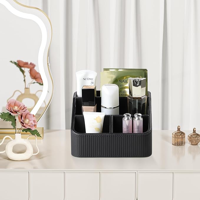 Remote Control Holder with 4 Compartments, PU Leather Small Nightstand Organizer for Home Desk Accessories Office Supplies, Multifunctional Stylish Small Bedside Desktop Organizers (Black)