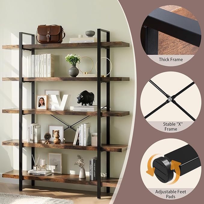 5 Tier Bookcase, 47 Inch Wide Wood Bookshelf, 120lbs Shelf Capacity, Rustic Open Shelving Industrial Display with Reinforced Horizontal Brown Shelves for Living Room Bedroom Office 2 Set