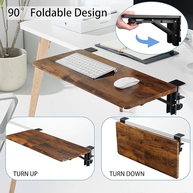 ETHU Ergonomics Desk Extender Tray, 25.5"x11.4" Large Size Foldable Keyboard Drawer Tray Clamp On, Armrest Support for Home and Office (Wood)
