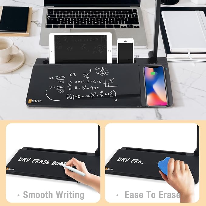 SELEAD Desktop Glass Whiteboard with Wireless Charger Station and Desk Lamp, Tabletop Dry Erase Board w/Organizer, Markers, Mirror, Holder for Home School Office Desk Accessories, Black
