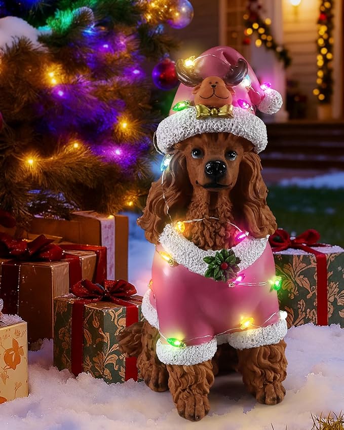 Christmas Decorations Outdoor Dog Statue, Resin Poodle Dog Sculpture with Pink Christmas Santa Outfit & Lights, Battery Operated Indoor Holiday Décor Gift for mom