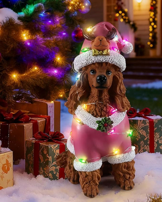 Christmas Decorations Outdoor Dog Statue, Resin Poodle Dog Sculpture with Pink Christmas Santa Outfit & Lights, Battery Operated Indoor Holiday Décor Gift for mom
