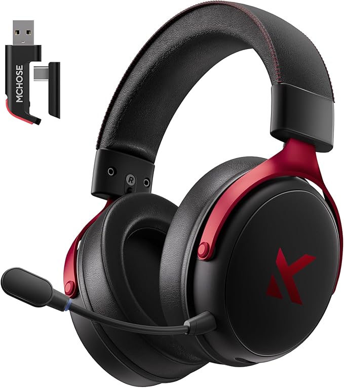 MCHOSE V9 PRO Wireless Gaming Headset 7.1 Surround Sound for PS5 PS4 PC SWITCH TOPSPEED Gaming Headphones, Noise Canceling Mic, 250Hr Battery, Low 15ms Latency, Lightweight, BT 5.3 FPS Games Black&Red