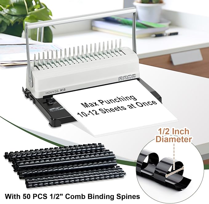 HOUYEE Manual Comb Binding Machine,19 Holes, 450 Sheets,Paper Punch Comb Binder Machine with 50 PCS 1/2" Comb Binding Spines, Fit for Letter Size Paper