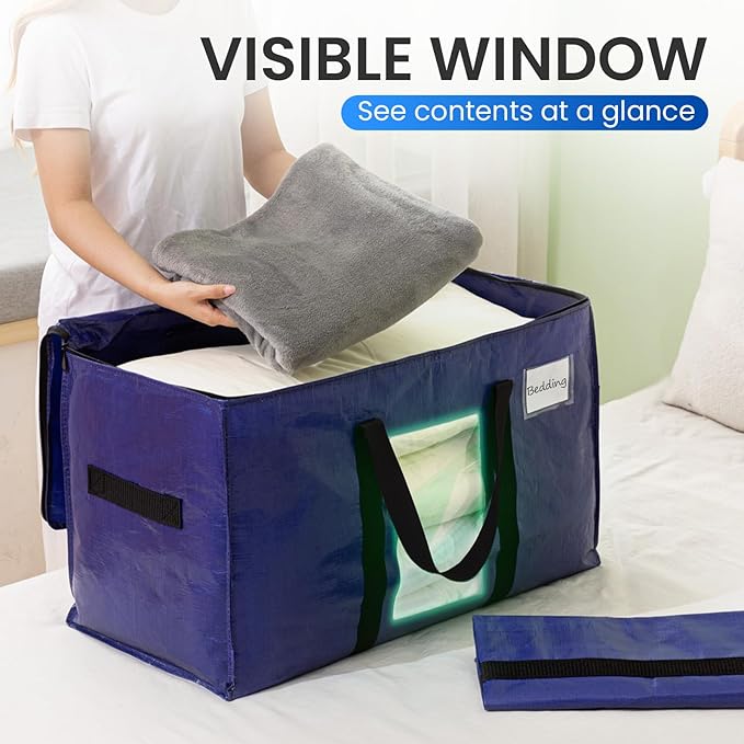 TAILI 2 Pack Dark Blue Extra Large Moving Bags, Heavy Duty Totes with Visible Window, Wrap Around Handles, Great for Storage