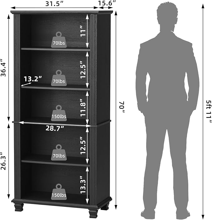70" Tall Black Bookshelf,5 Tier Wooden Book Shelf with Adjustable Shelves & Wood Legs,Free Standing Farmhouse Bookcase with Open Display Storage,Vintage Bookshelves for Living Room, 3PCS