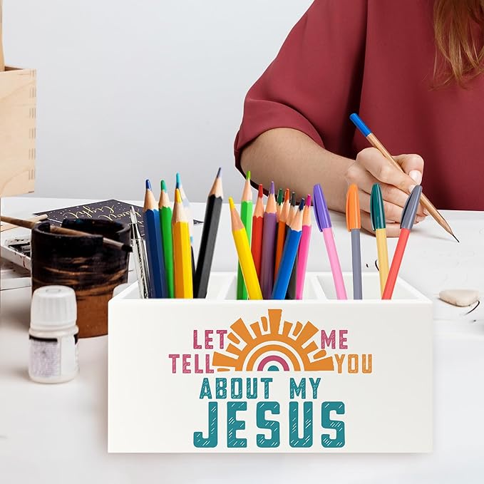 Boho Jesus Christian Pen Pencil Holder Organizer for Desk, Let Me Tell You about My Jesus Bible Verse Wooden Box Signs Decorations for Home Office Desk Tabletop