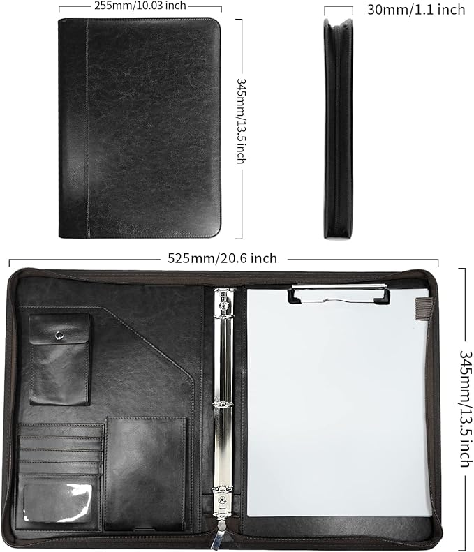Zippered Portfolio Organizer, WRIYES Leather Padfolio with 3 Ring Binder, Professional Business Binder, Organizer for IPad/Document, Phone & Business Cards, Office Gifts for Men or Women (Black)