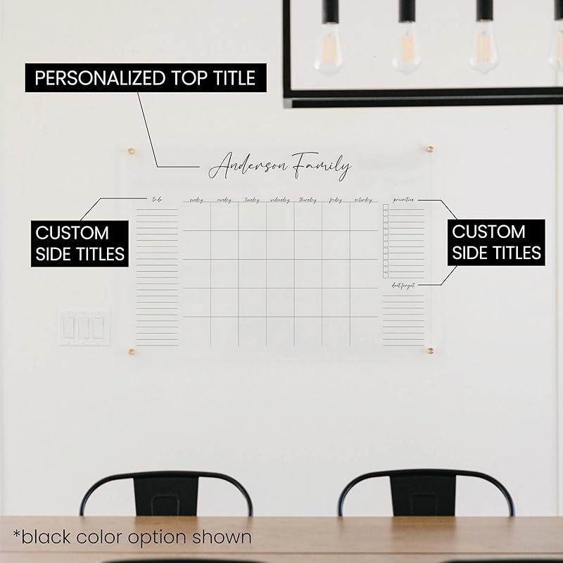 Personalized Clear Acrylic Calendar for Wall, Calendar Whiteboard for Wall, Dry Erase Wall Calendar, Wall Calendar Organizer System for Home (Cursive, Grey, 38"W x 26"H)