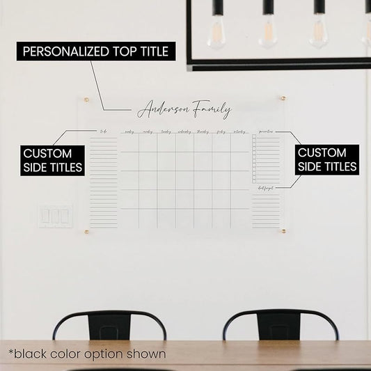 Personalized Clear Acrylic Calendar for Wall, Calendar Whiteboard for Wall, Dry Erase Wall Calendar, Wall Calendar Organizer System for Home (Cursive, Navy, 23"W x18.5"H)