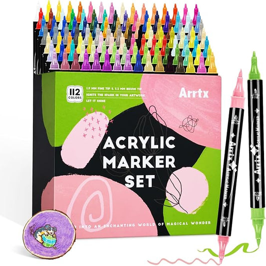 Arrtx Paint Markers Paint Pens, 112 Colors Acrylic Paint Pens Dual-Tip for Rock Painting, Ceramic, Wood, Plastic, Scrapbooking, Brush Lettering, Card Making, DIY Crafts (Fine Tip and Brush Tip)
