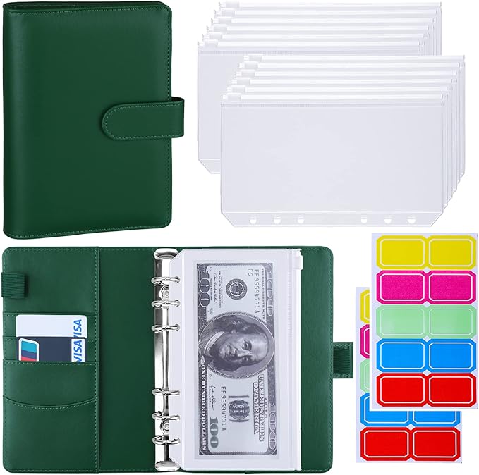 Antner A6 Budget Binder with Zipper Cash Envelopes for Money Organizer & Budgeting, PU Budget Planner Money Saving Binder with Cash Stuffing Envelopes & Labels for Home Office Travel, Dark Green