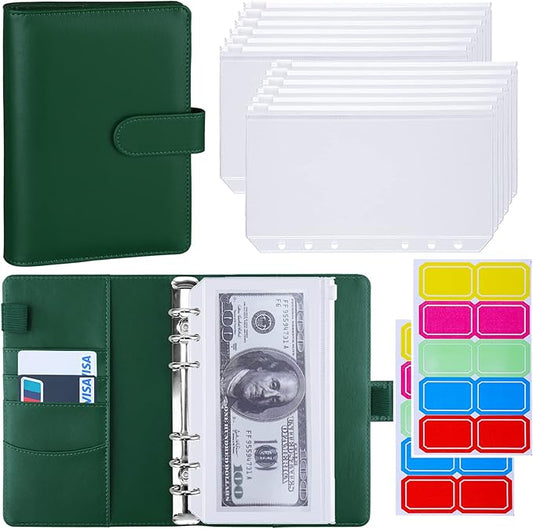 Antner A6 Budget Binder with Zipper Cash Envelopes for Money Organizer & Budgeting, PU Budget Planner Money Saving Binder with Cash Stuffing Envelopes & Labels for Home Office Travel, Dark Green
