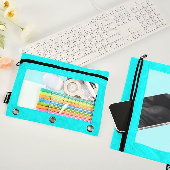 Gredecor Binder Pencil Pouch 3 Ring Cyan Zipper Pencil Pouches Case 2 Pack Clear Binder Organizer for School Office