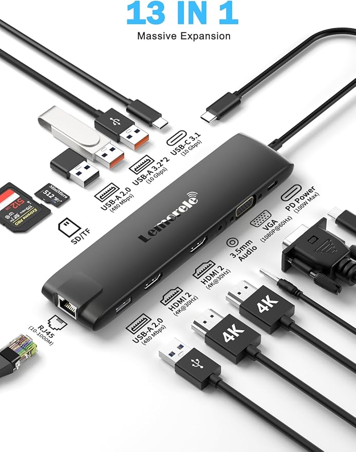 Docking Station USB C/A 10Gbps 3*Display 13 in 1, 2025 Upgrade Lemorele USB C Hub 2 x 4K HDMI, Gigabit Ethernet, 4 USB 3.0/2.0, VGA, Type-C 3.1, PD 100W, Audio, SD/TF for Windows, MacBook