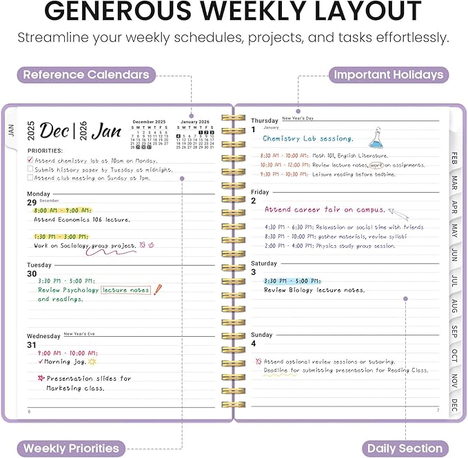 2026 Planner, Weekly and Monthly Calender Planner, Jan 2026 to Dec 2026, Hardcover 2026 Calendar Planner Book with Tabs & Inner Pocket, Office Home School Supplies for Women & Men - A5 (6.3" x 8.5"), Purple