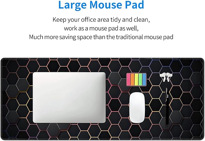 Hexagon Honeycomb Colorful Large Mouse Pad, Gaming Desk Mat, XL Extended Keyboard Desk Pad, 31.5"x11.8" Non-Slip Rubber Base Big Mousepad with Stitched Edges for Home and Office