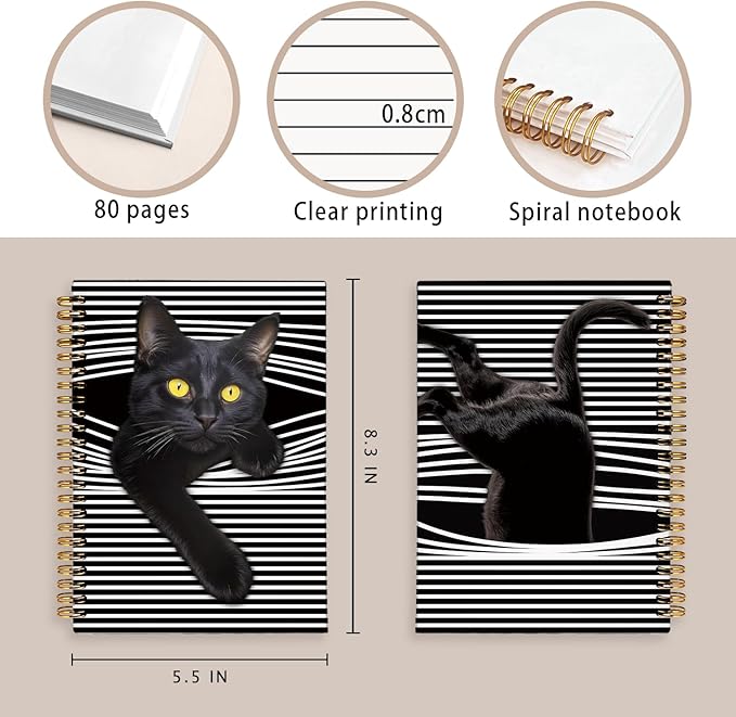 Funny Black Cat Notebook Journal, Cat Lover Gifts for Women Men, Funny Peeking Spiral Notebook for Work, Black Cat Gifts for Girls, Cat Notepad 5.5x8.3 Inch
