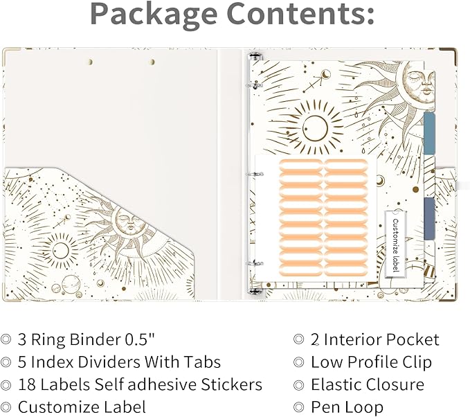 Ospelelf 3 Ring Binder, 1/2 Inch, Cute Letter Size (11" x 8.5") with 5 Tab Dividers, File Folder Labels and Low Profile Clipboards, Tarot Cards Binder for School and Office Supplies